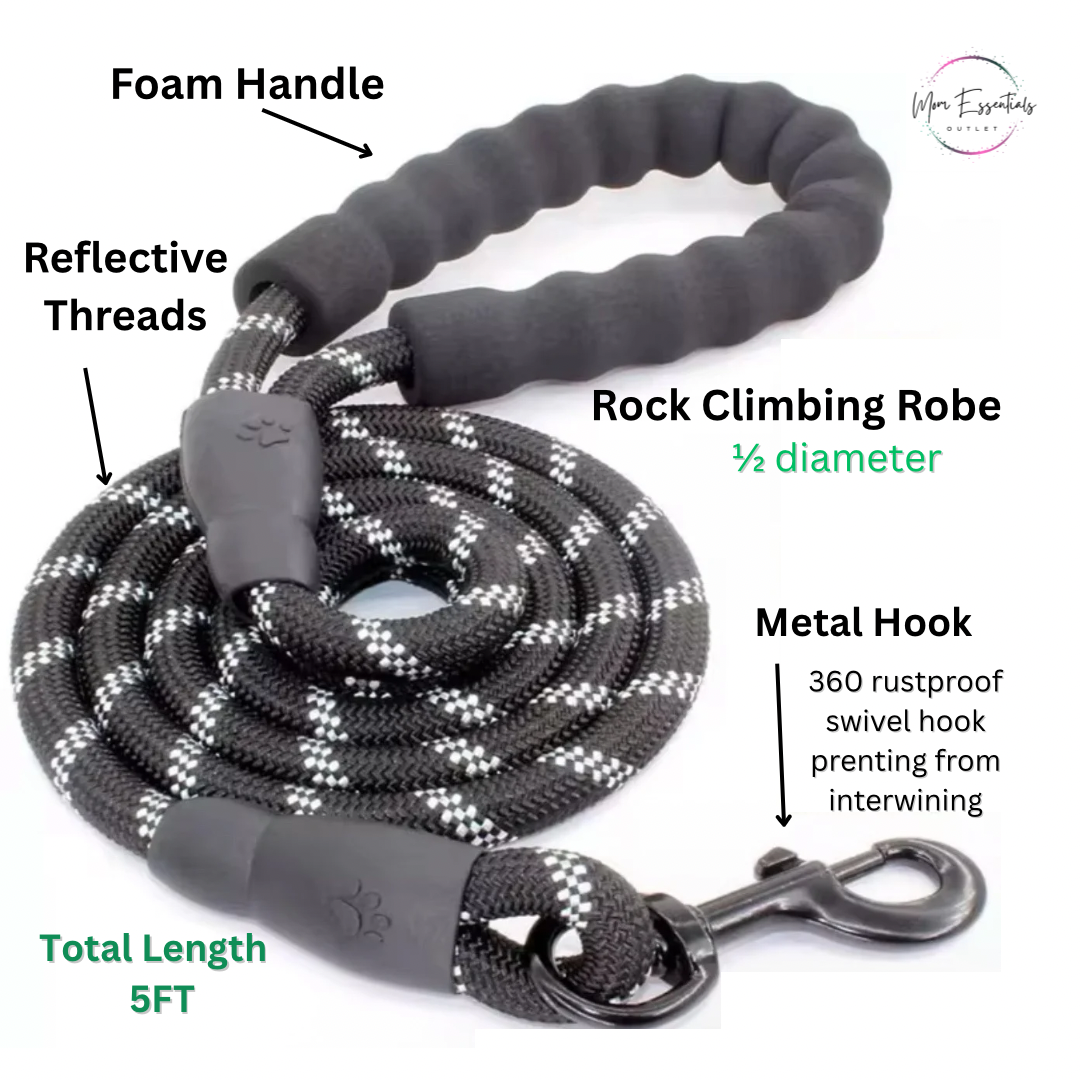 MEO Waterproof Nylon Dog Leash – 5ft Reflective Leash with Padded Handle for Small & Medium Dogs (Black) | Includes Poop Bag + Poop Bag Case
