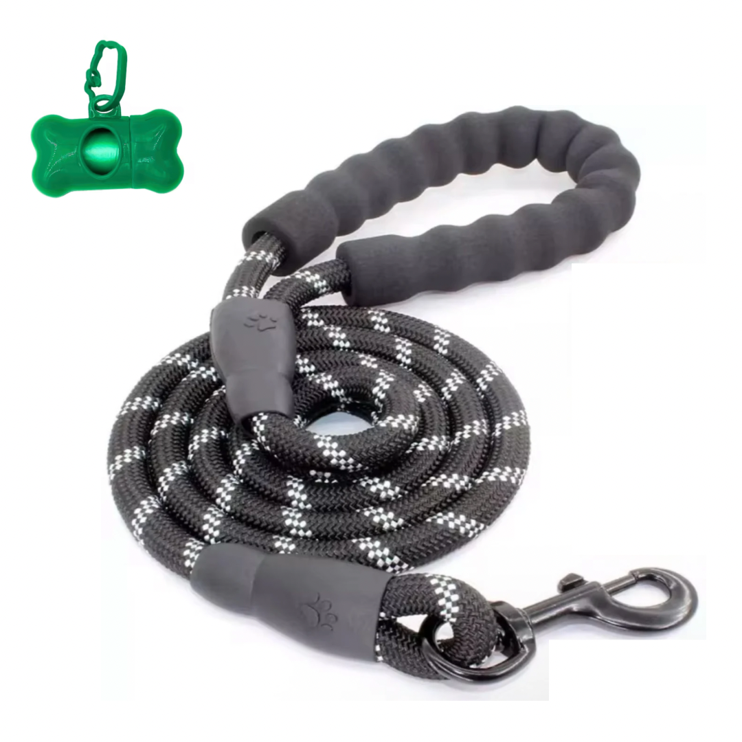 MEO Waterproof Nylon Dog Leash – 5ft Reflective Leash with Padded Handle for Small & Medium Dogs (Black) | Includes Poop Bag + Poop Bag Case