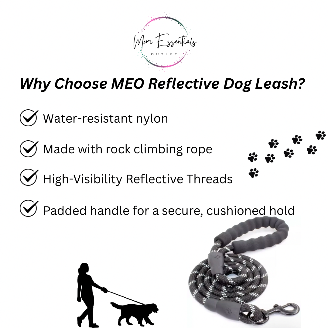 MEO Waterproof Nylon Dog Leash – 5ft Reflective Leash with Padded Handle for Small & Medium Dogs (Black) | Includes Poop Bag + Poop Bag Case