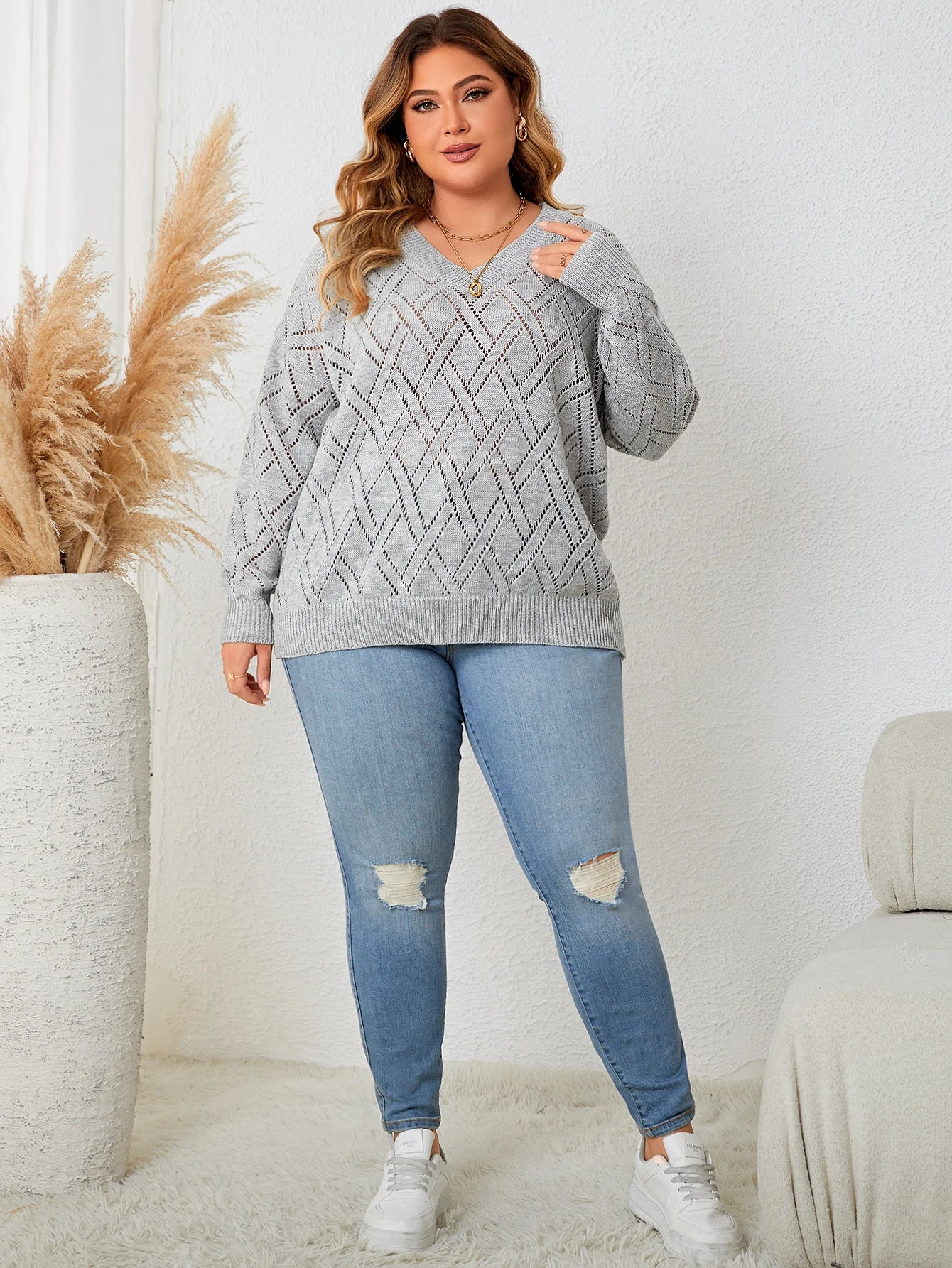 Spring Autumn Fashion Korean Style Casual Knitting Top Gray Long Sleeve V Neck Elegant Women's Plus Size Clothing Party Sweater