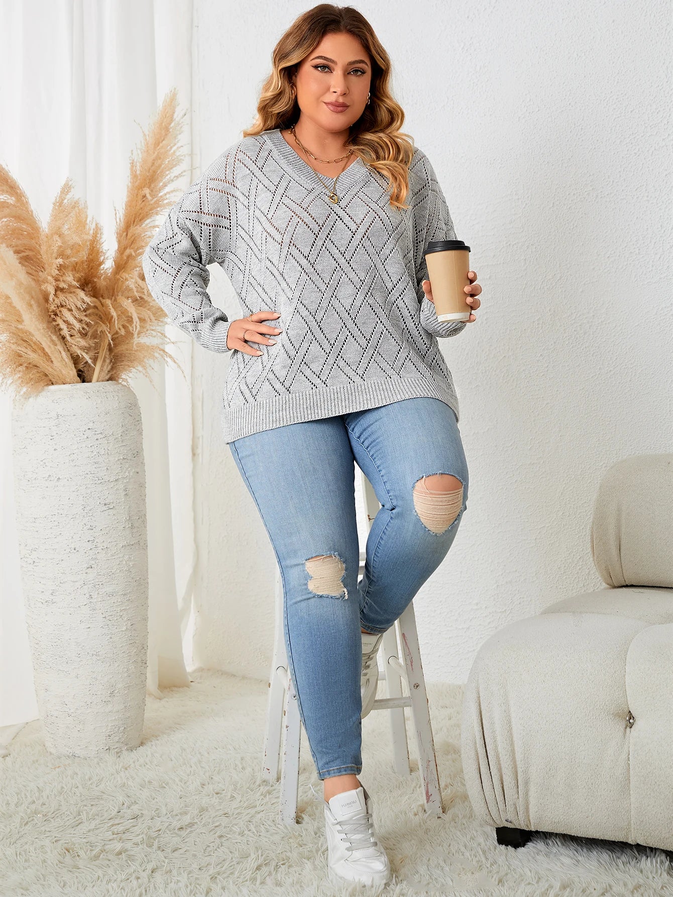 Spring Autumn Fashion Korean Style Casual Knitting Top Gray Long Sleeve V Neck Elegant Women's Plus Size Clothing Party Sweater